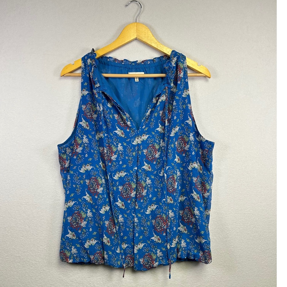 MAX STUDIO Womens Blue Floral Sleeveless V Neck Tie Neck Blouse Top XL